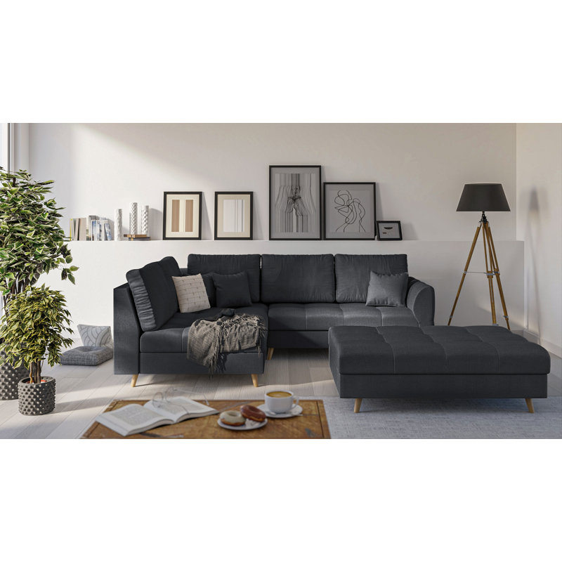 Corner Sofa And Footstool with Wooden Legs In Scandinavian Style Knutsford, Left Hand Facing, Anthracite