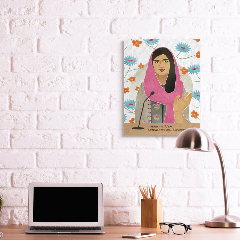 Malala, parole, sur, bleu, orange, fleurs, icône, femme, Toile tendue, H 30 po x l 24 po