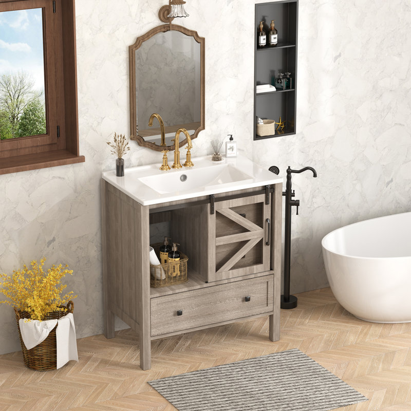 30" Bathroom Vanity With Sink And Barn Door, Rustic Farmhouse Single Vanity Set, Gray