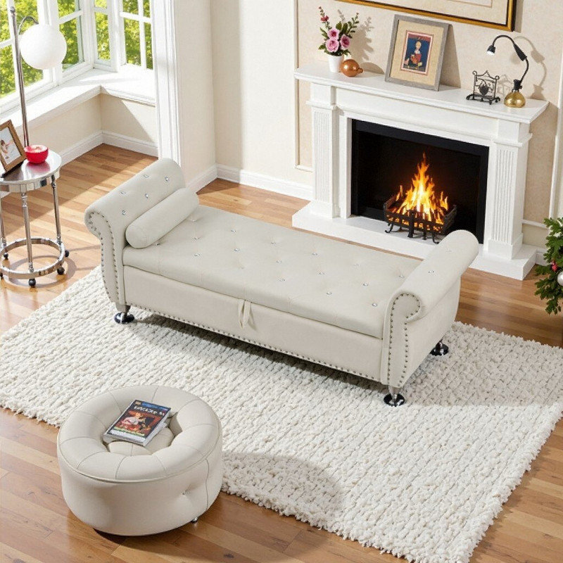 Banc de rangement avec repose-pieds en velours avec boutons en cristal, structure en bois et pieds en métal, Beige
