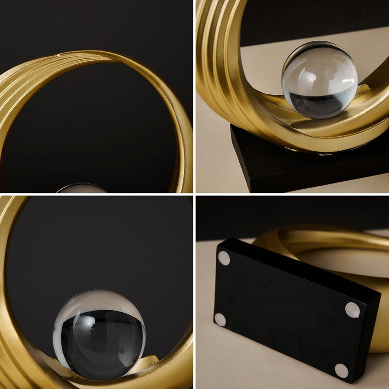 Modern Abstract Golden Circle Crystal Ball Sculpture