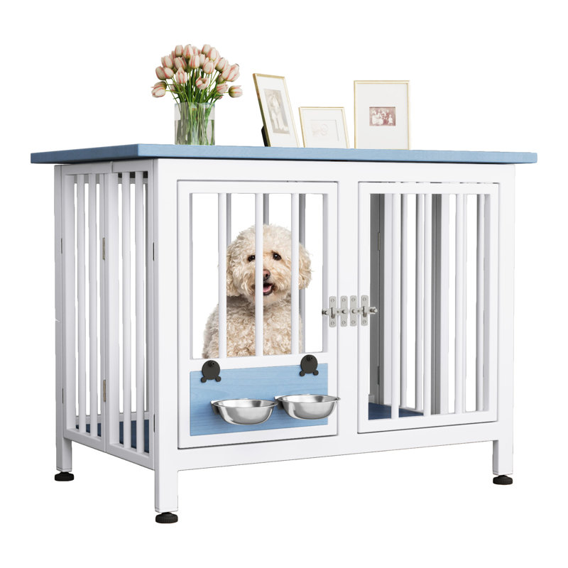 Foldable Pet Crate End Table, 29.1" H x 39.3" W x 23.6" D, White/Blue