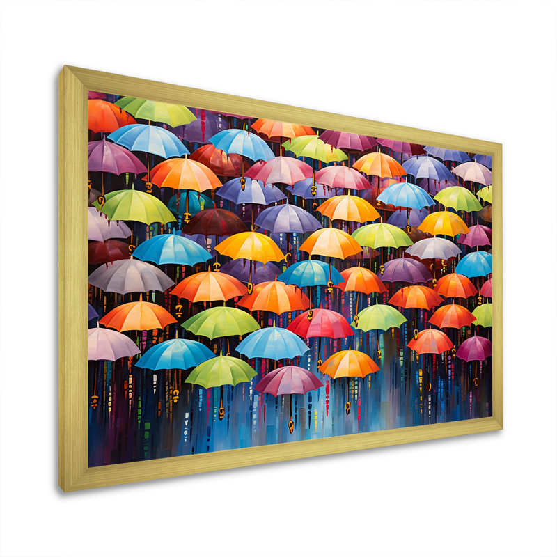 Ciel plein de parapluies colorés - décoration murale ciel, Cadre doré simple, H 12 po x l 20 po x P 1 po