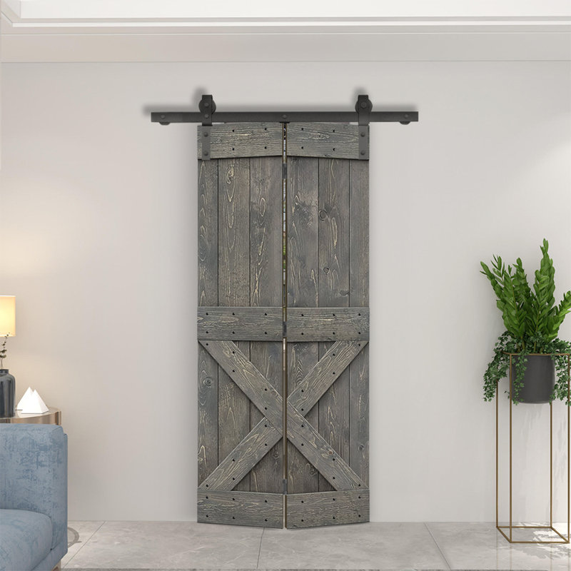 Porte pliante en bois massif 84 po 84 po, Gris patiné, 36 po x 84 po