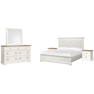 King Upholstered Panel Bed 2 Nightstands And Drawer Dresser With Landscape Mirror