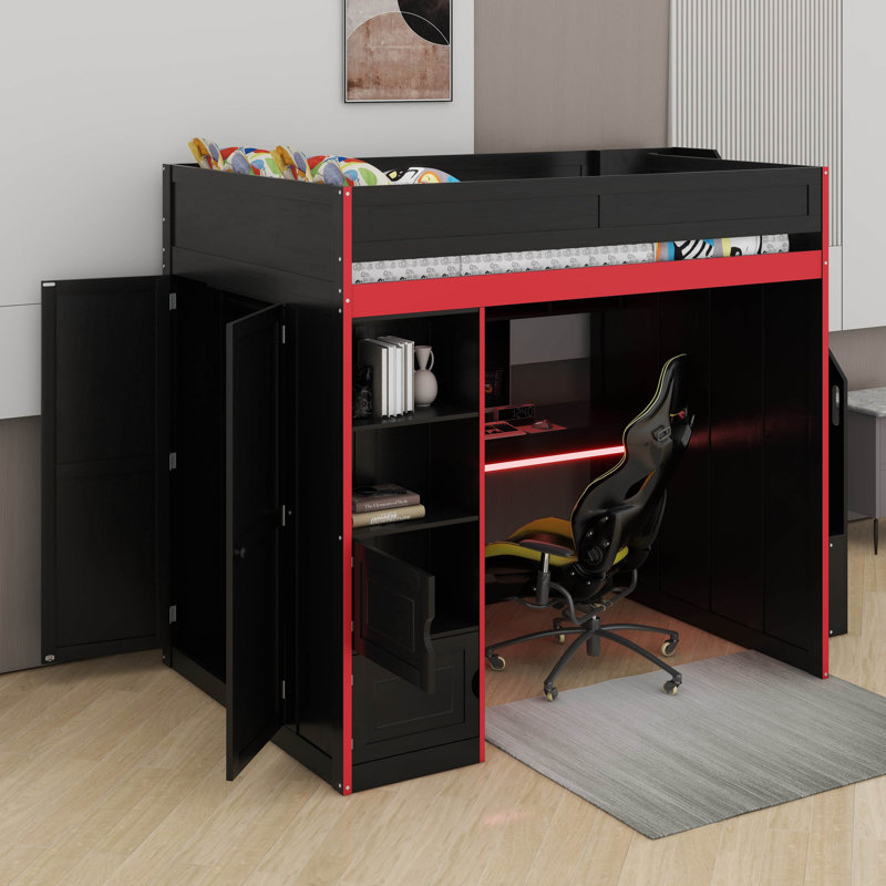 Lit mezzanine double avec bureau et rangement, Lit double