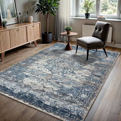 GLN Rugs Collection Vintage - tapis lavable à la machine, tapis lavable rétro, tapis antidérapant, tapis de salon à poils courts, tapis de chambre à coucher, tapis de salle de bain - facile à nettoyer (tapis bleu marine et gris)