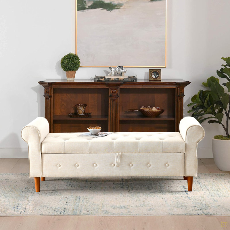 Banc de rangement capitonné à boutons de 62 po pour la chambre à coucher de 62 po, repose-pieds rembourré en tissu moderne, banc de fenêtre, accoudoirs roulés pour chambre à coucher, salon, vestibule