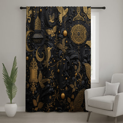Gold Black Ornate Decor Window Curtains, Ornate Sheer & Blockout Curtains - 1 Panel