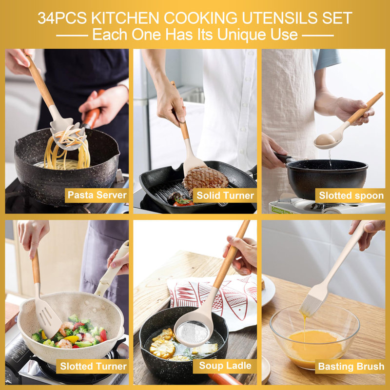 Silicone Cooking Utensils Set, 43Pcs Non-Stick Heat Resistant Kitchen Utensils Spatula Set With Wooden Handle For Baking, Cooking, And Mixing, Best Kitchen Gadgets Tools With Holder (Khaki)