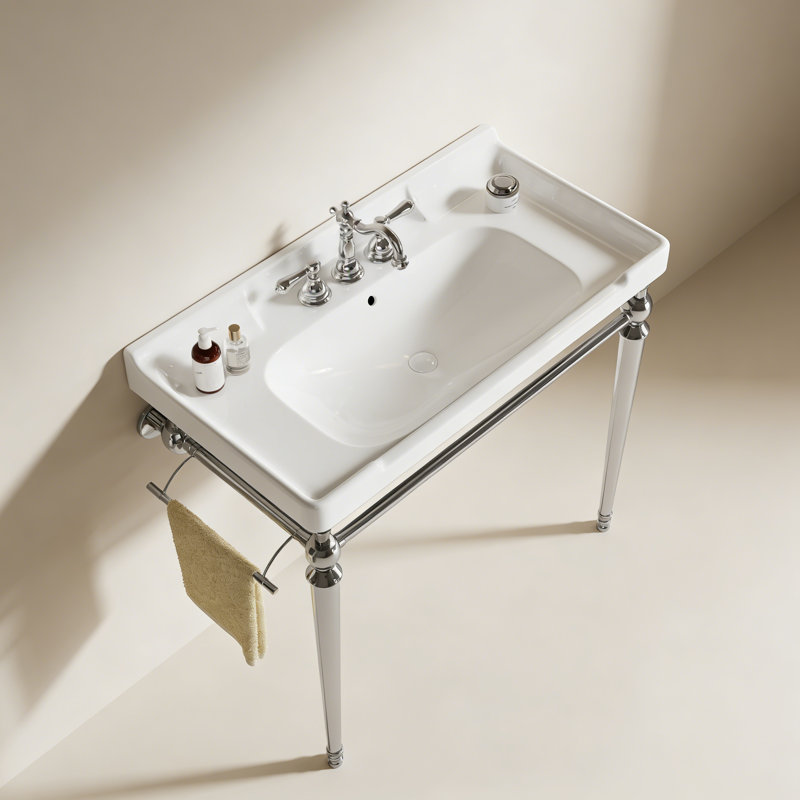 36" Bathroom Console Sink, Wall-Mounted Ceramic Vanity Basin with 3 Pre-drilled Faucet Holes, Freestanding Stainless Steel Support Legs with Towel Bar, No Fauce