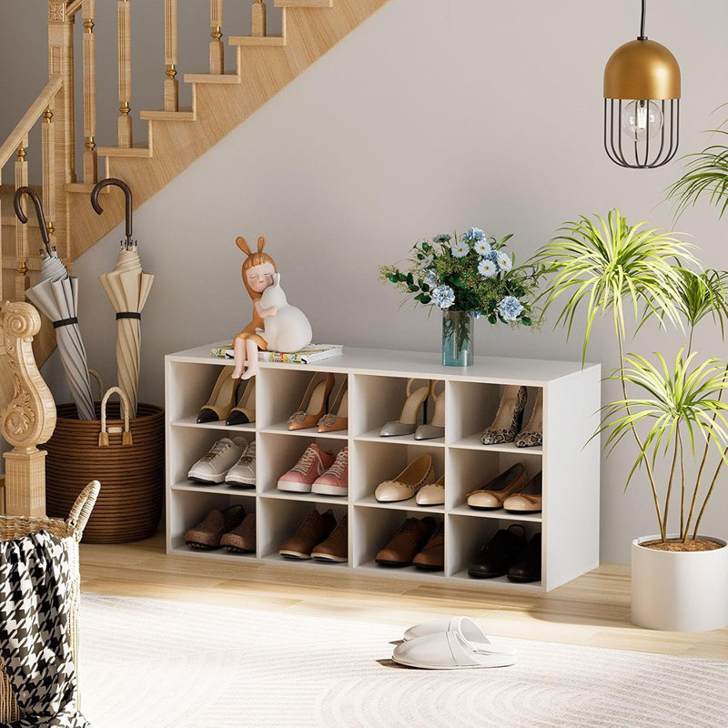 Banc de rangement à chaussures à 3 niveaux avec 12 casiers - Range-chaussures en bois pour l'entrée, blanc