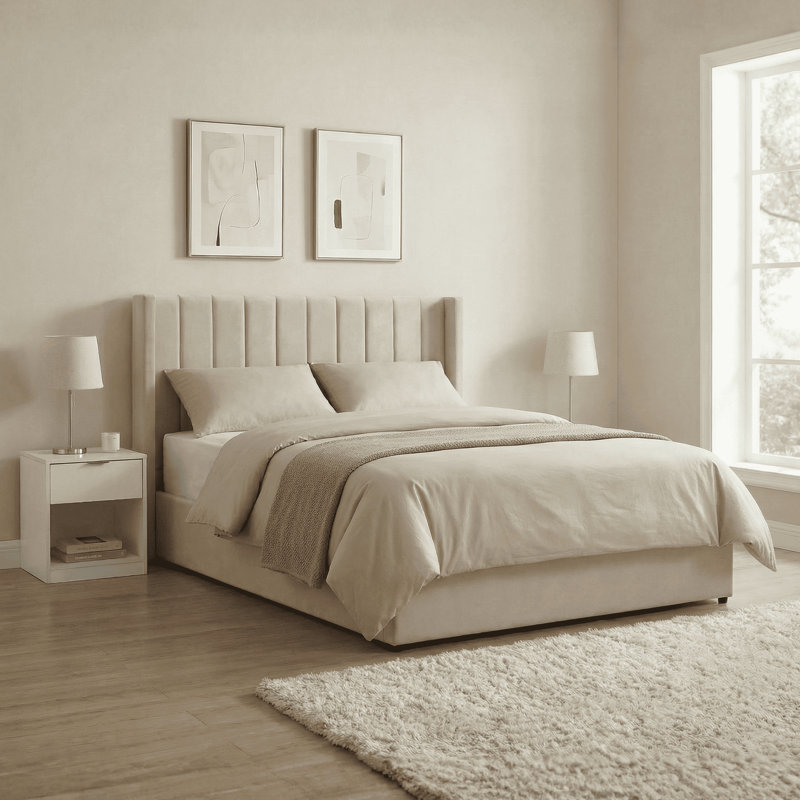 Atiyah Wingback Ottoman Storage Bed, Putty Velvet, Double (4'6)