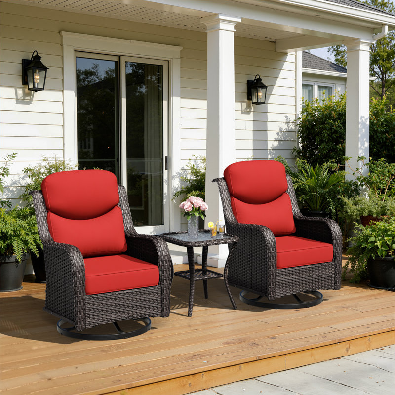 Ensemble de conversation d'extérieur en rotin pour 2 personnes avec table d'appoint, 2 chaises pivotantes et coussins rouges Adcox