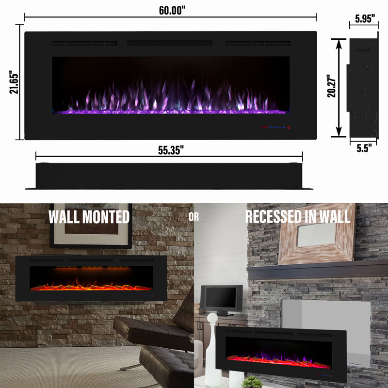 Modern Wall-Mounted And Recessed Electric Fireplace Inserts, 750W Or 1500W Heater Fireplace, Faux Log Or Crystal Hearth, Adjustable Realistic Flame, Remote Control And Smart Control By APP