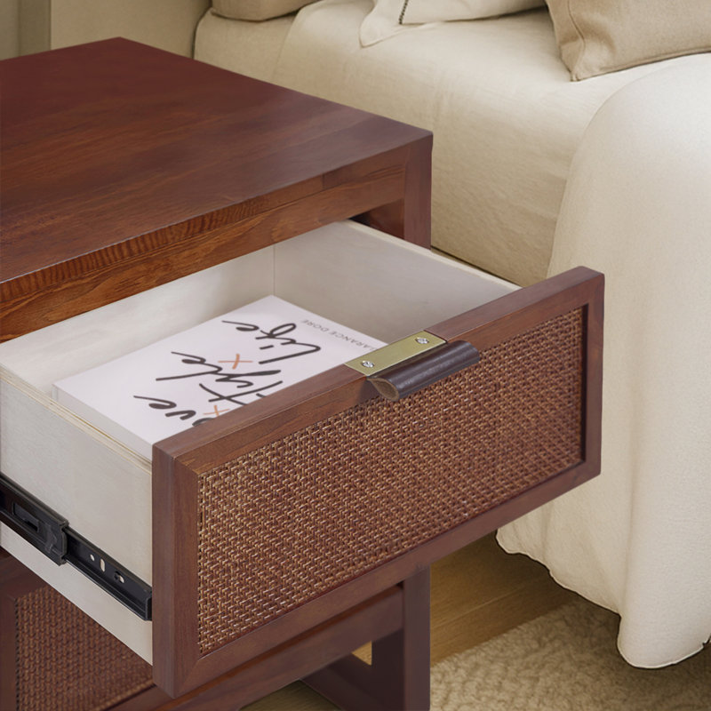 Medern Boho Solid Wood Nightstand with 2 Deep Drawers, Rattan Inlay For Bedroom Organization & Storage, Walnut