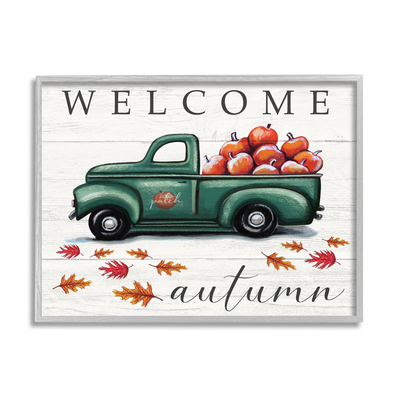 «Green Farm Truck Autumn», impression, Cadre gris, H 11 po x l 14 po x 1,5 po