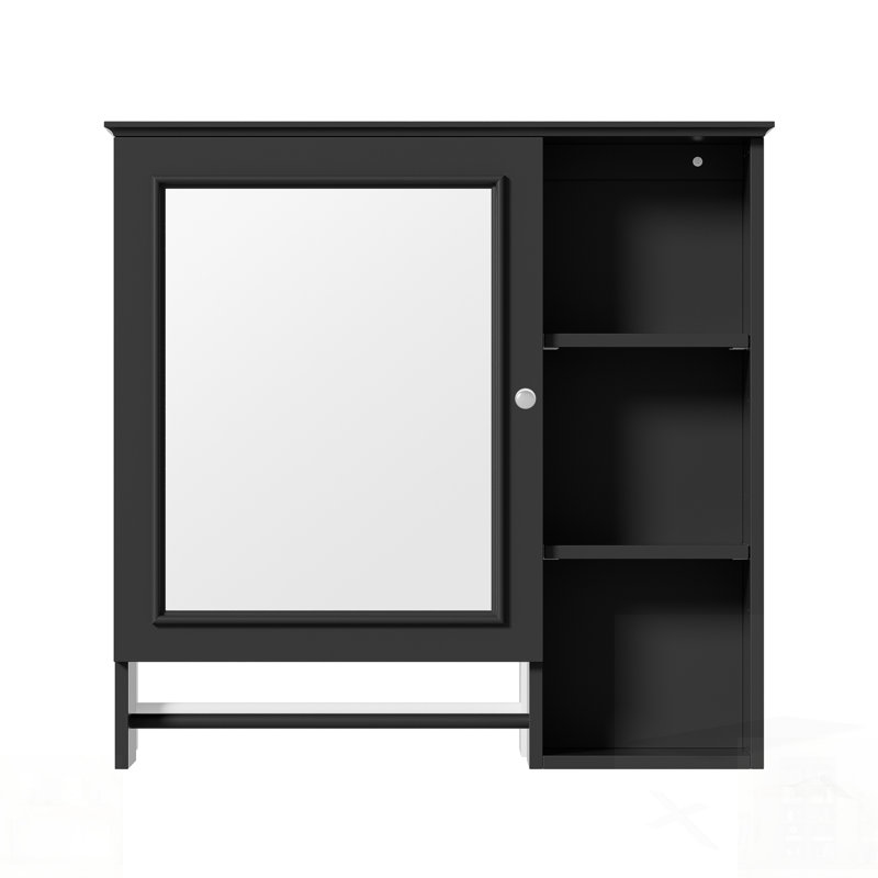 Armoire de rangement murale pour salle de bain avec grande porte miroir, tablettes réglables et trois niveaux de rangement ouverts pour une organisation efficace