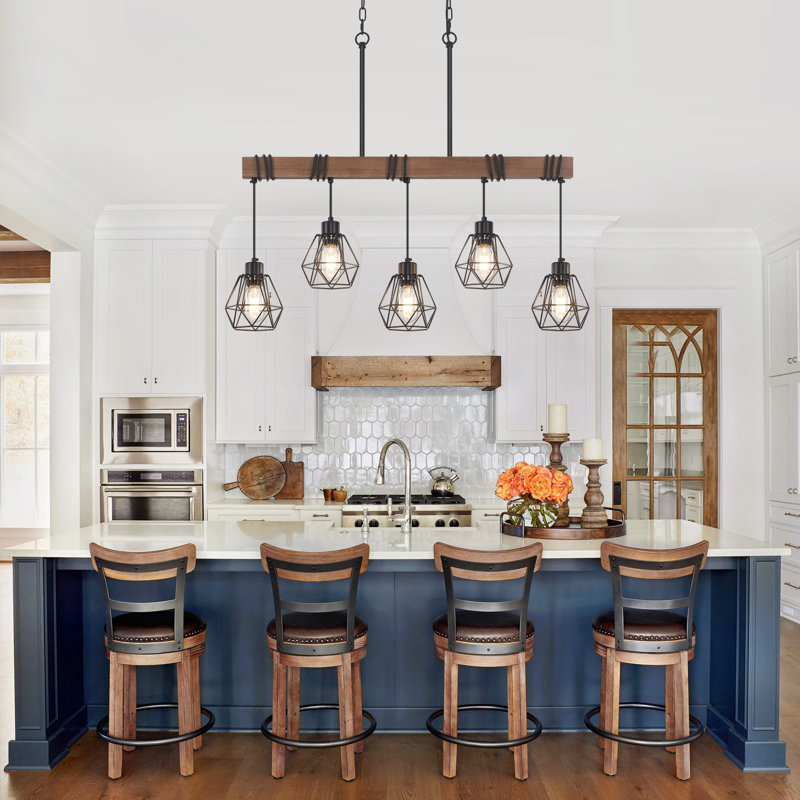 Yucheng 5 - Light Rustic Farmhouse Metal and Wood Kitchen Island Pendant, Dark Brown