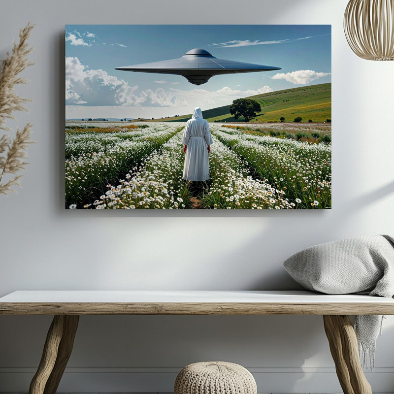 «Tranquil Ufo Encounter Canvasfigur» en blanc dans un champ paisible avec un ovni planant, art mural prêt à être accroché à la galerie