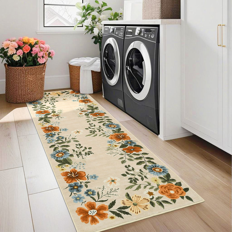 Floral Machine Washable Area Rug with Rubber Backing Non Slip Low Pile Aesthetics Carpet for Living Room Bedroom Office Playroom