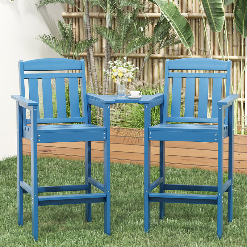 Chaises hautes hautes de 2, bleu, plateau amovible, trou de parasol, grain de bois, idéal pour la terrasse et le jardin bleu, matériau, avec plateau nécessitant peu d'entretien