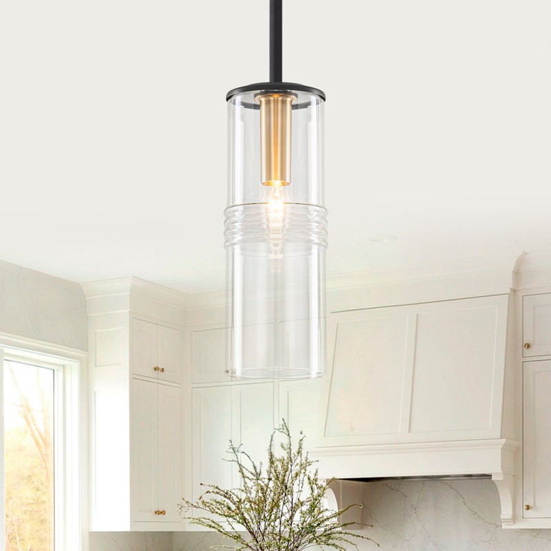 Mini-luminaire suspendu moderne 1 lumière avec hauteur réglable - Abat-jour en verre transparent nervuré de 9,84 po pour îlot de cuisine, finition noire et dorée, base E12, répertorié ETL
