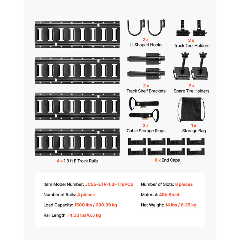 Ensemble de rail d'attache E-Track, rails de rail en E de 1,3 pi, 2 crochets en forme de U, 2 porte-outils, 2 supports de tablette de rail, 2 porte-pneus, 2 anneaux de rangement pour câbles, 8 embouts et 1 sac, convient aux remorques de fourgonnettes