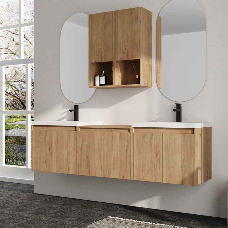 Ensemble de meuble-lavabo double 72 po avec plateau de meuble-lavabo en résine 72 po et armoires murales de salle de bain 12 po