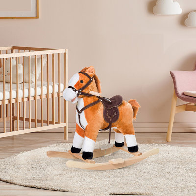 Cheval à bascule en peluche pour enfants, bois, sons réalistes, queue mobile, brun, amusement interactif pour les tout-petits. L 29,25 po x l 13 po x H 24,5 po.