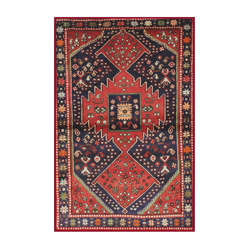 Tapis oriental rouge / rouille / bleus / brun / vert, Rectangle 2 pi x 4 pi
