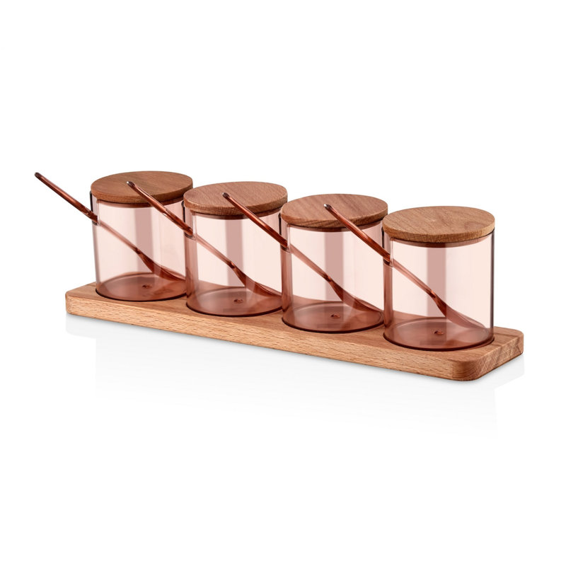 Ensemble de pots à épices et tablettes de cuisine (4 pots + 1 support), conception en plastique et en bois sans BPA, pots de 2,8 x 2,8 x 4,7 pouces, support de 12,9 x 3,5 x 4,7 pouces | Solution de rangement élégante et lavable au lave-vaisselle pour la cuisson organisée