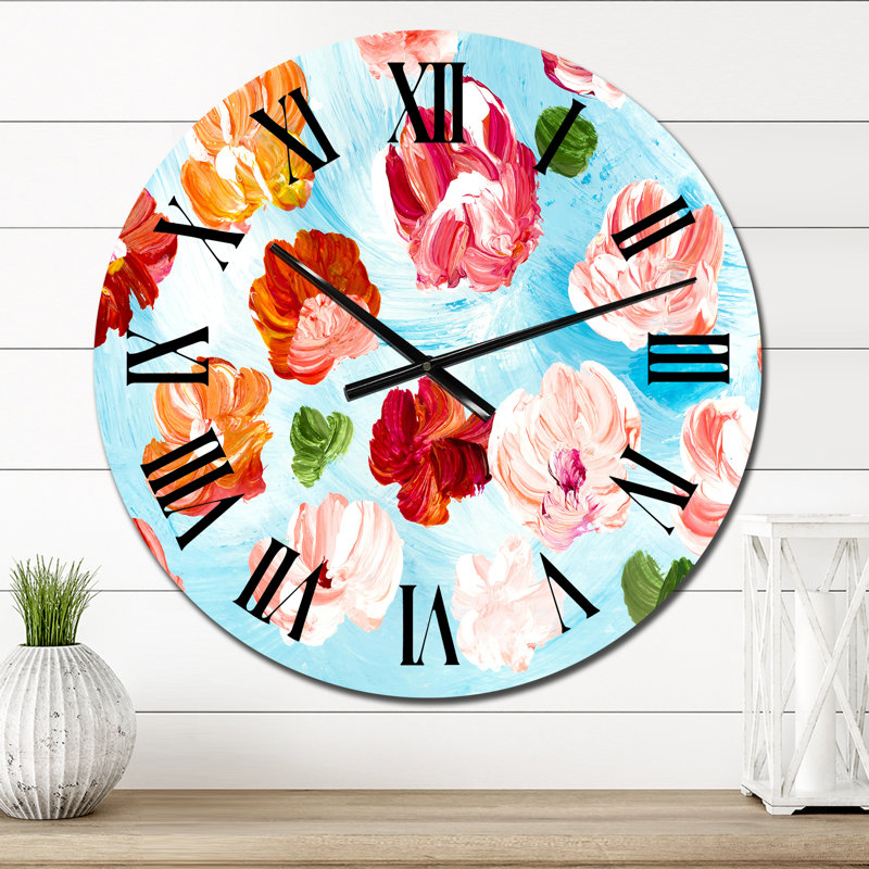 Horloge murale abstraite avec fleurs rouges et roses, Moyen