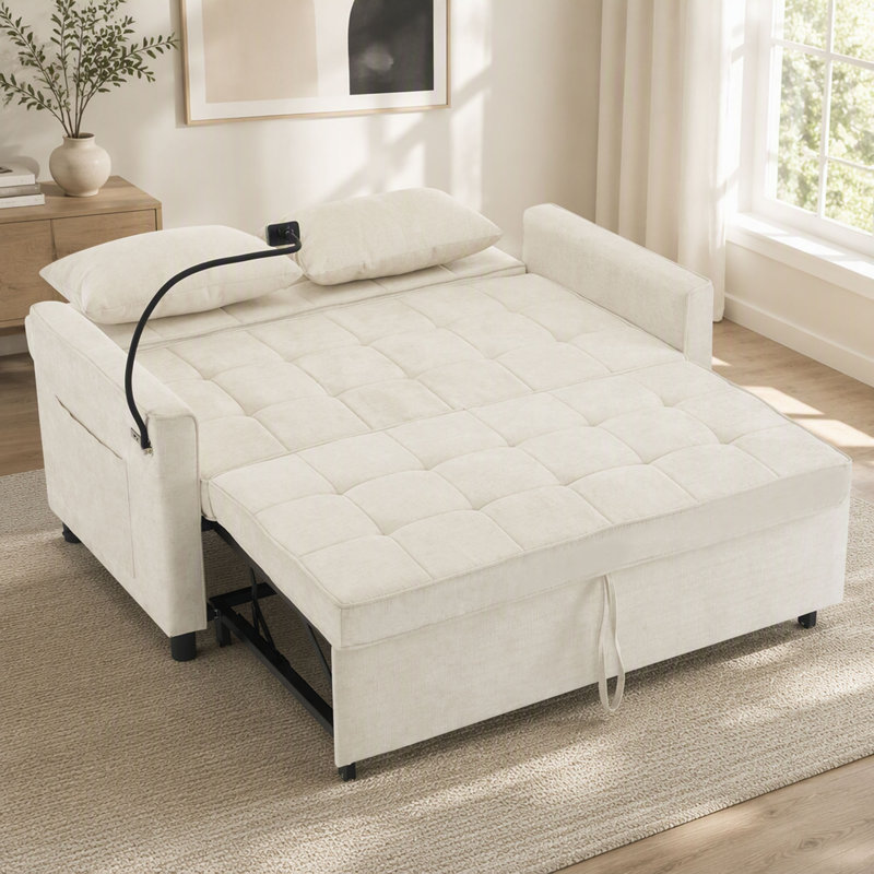 Canapé-lit coulissant de 56,9 po avec canapé-lit réversible, poches latérales, deux ports USB et support pour téléphone dans le salon