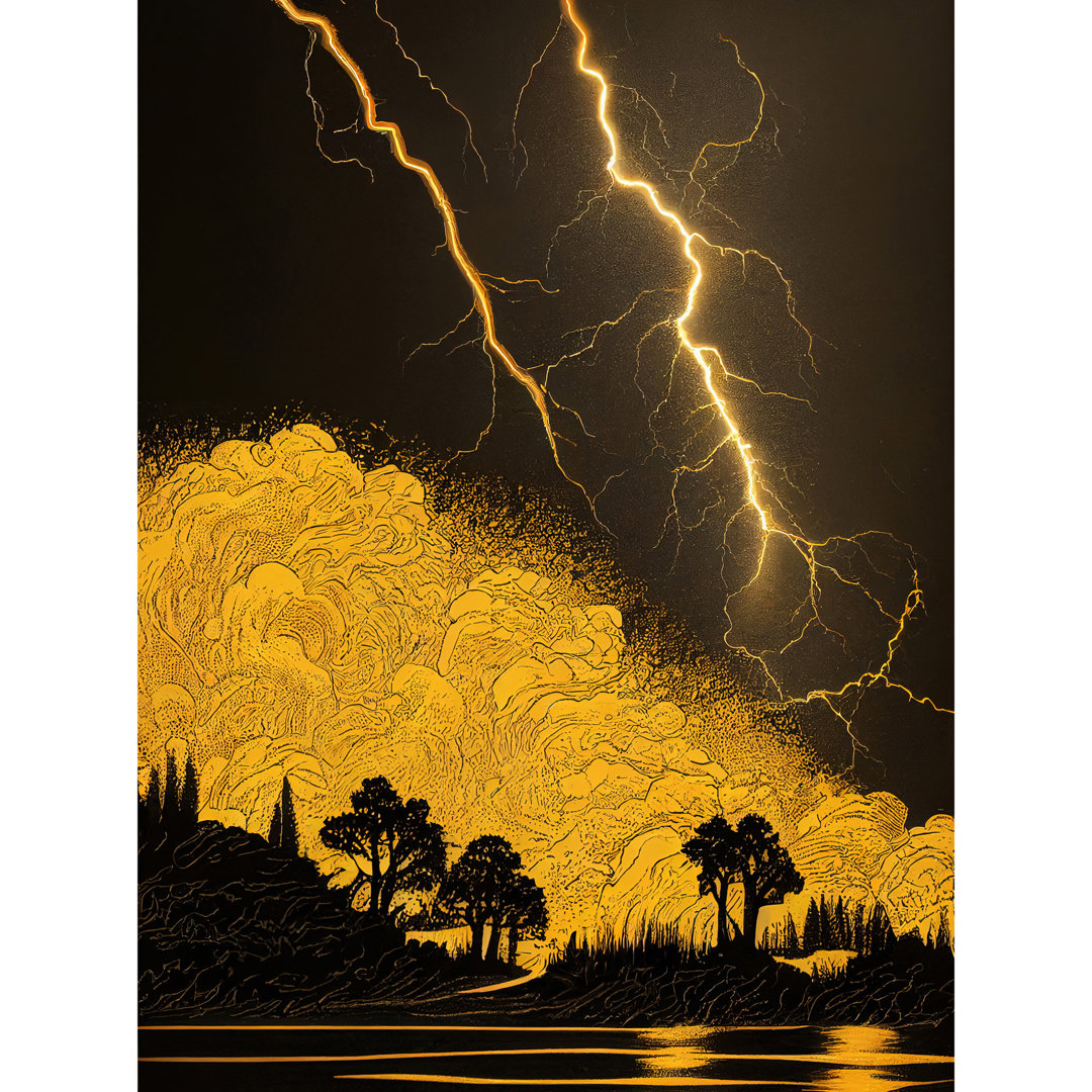 Thunder Storm Lightning Lakeside Tree Silhouette - Print