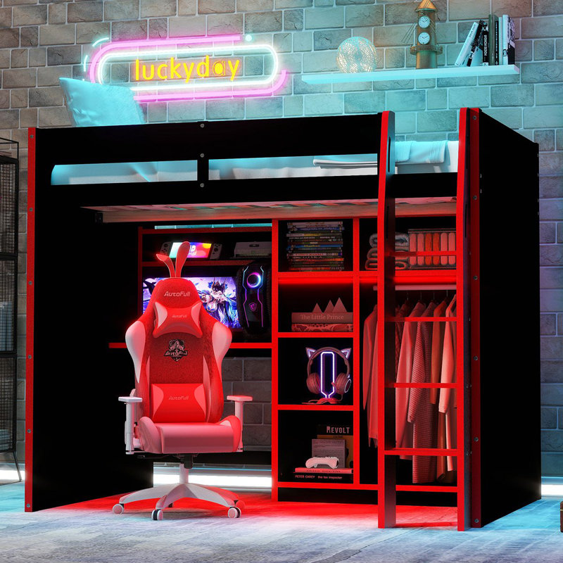 Lit mezzanine en bois avec bureau, garde-robe ouverte, compartiments de rangement et lumières RVB, Rouge