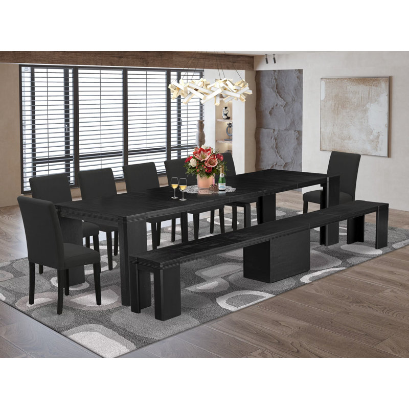 9-piece Dining Room Table Set a Rectangular Dining Table and a wooden Bench and 7 Black Linen Fabric Dining Chair, Wire Brushed Black