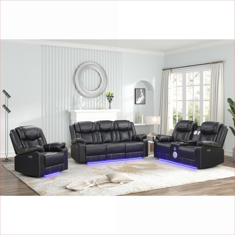  Fauteuil inclinable électrique DEL moderne avec structure en bois et métal, similicuir noir classique