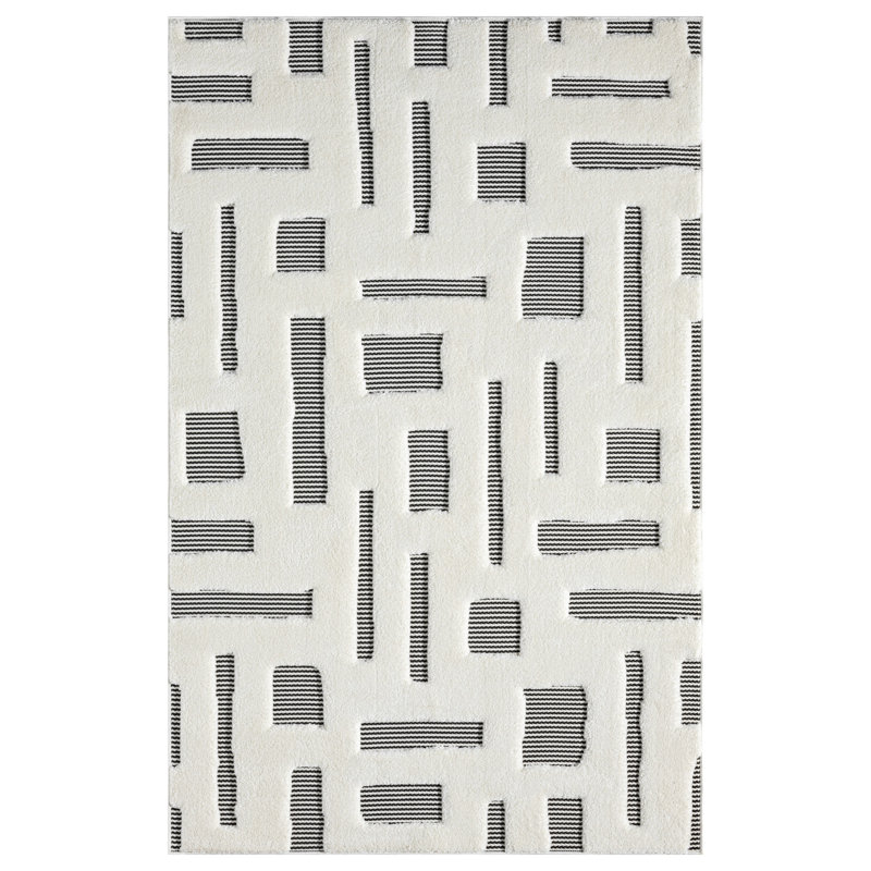 Oheneba Collection Modern Abstract Cream and Black Area Rug, Rectangle 5' x 8'