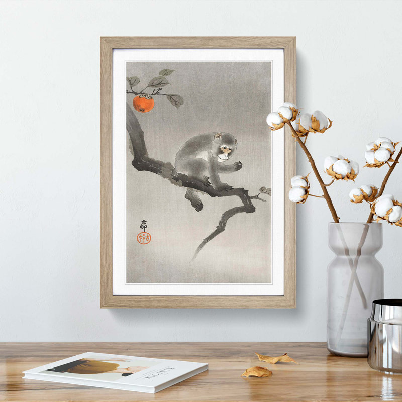 Monkey Upon an Orange Tree by Ohara Koson - Picture Frame Painting Print, 48cm H x 36cm W x 2cm D, Oak Framed