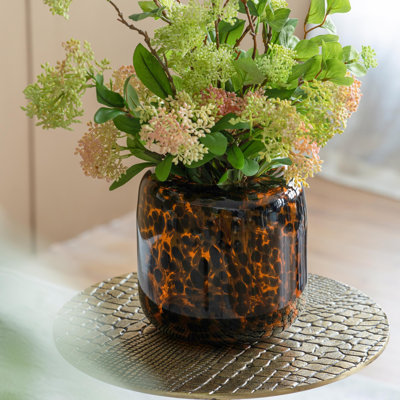 Brown and Amber Glass Vase with Cheetah Motif, Short, 7.9x7.9"