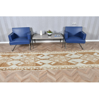 Tapis de couloir turc fait à la main en beige et blanc avec motif géométrique en laine de style nordique
