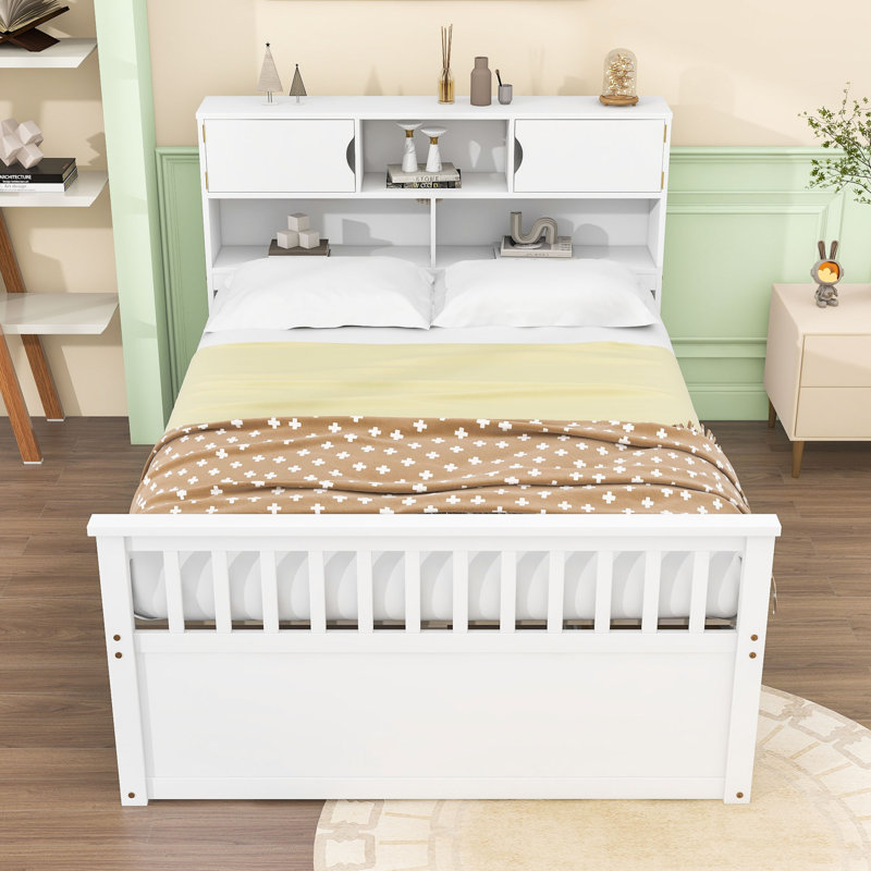 Lit double en bois avec bibliothèque, tiroirs de rangement et tablettes, Blanc