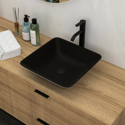 Élégant lavabo de salle de bain en verre trempé - robinet noir mat et ensemble de bonde escamotable