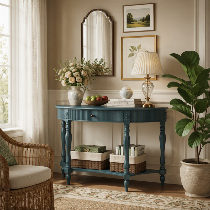 Console demi-lune en bois massif avec tiroir et tablette, Bleu antique, Bleu antique, Bleu antique