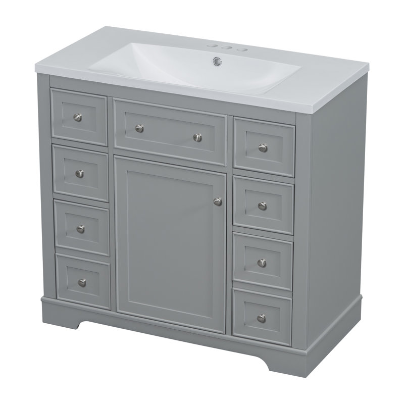 Ensemble de meuble-lavabo 36 po avec lavabo, une armoire et six tiroirs, bois massif et panneau de fibres à densité moyenne