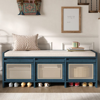Banc de rangement pour chaussures rembourré de 48 pouces avec compartiment relevable et tiroirs en rotin