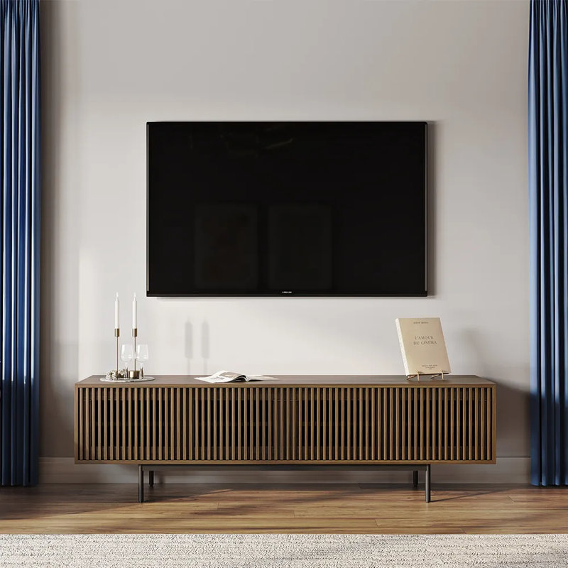 Meuble télé Mid-Century moderne, entièrement assemblé, H 21,26 po x L 78,74 po x l 18,89 po, Brun