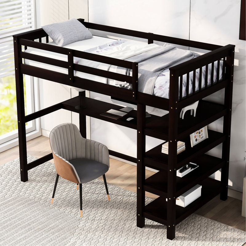 Lit mezzanine simple avec tablette et bureau pour les dortoirs de style chambre à coucher, Lit simple, Espresso