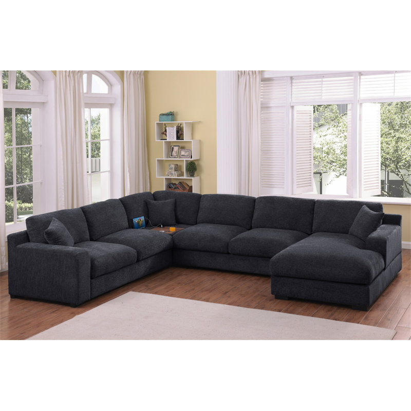 Chiara 128"W Charcoal Chenille Fabric Corner Sectional Sofa With Right-Facing Chaise, Dark Gray Chenille